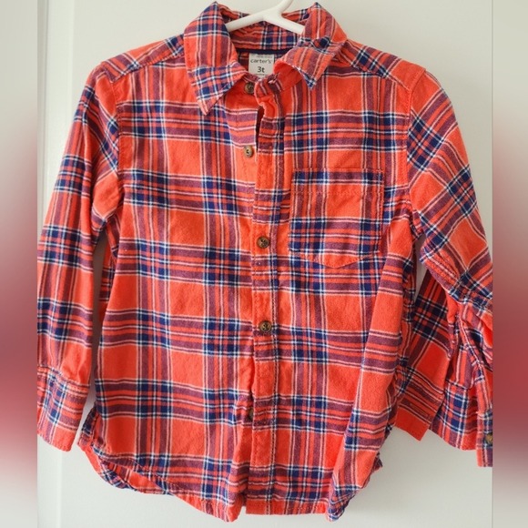 Kid's 3T Carters Orange Blue Plaid Button Up Shirt Long Sleeve Toddler Autumn - Picture 1 of 6
